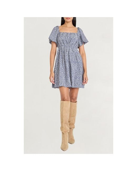 The Good Journey Blue Puff Sleeve Smocked Minidress