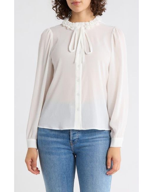 Adrianna Papell White Flower Tie Neck Button-Up Shirt