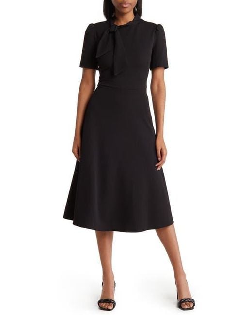 Maggy London Black Short Sleeve Necktie Midi Dress