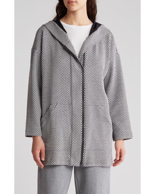 Eileen Fisher Gray Oversize Check Cotton Blend Hooded Jacket
