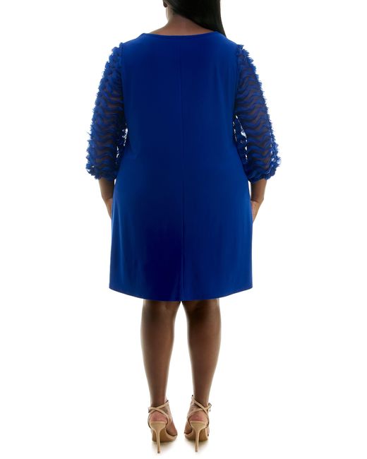 Nina Leonard Blue Ruffle Three Quarter Sleeve Trapeze Dress