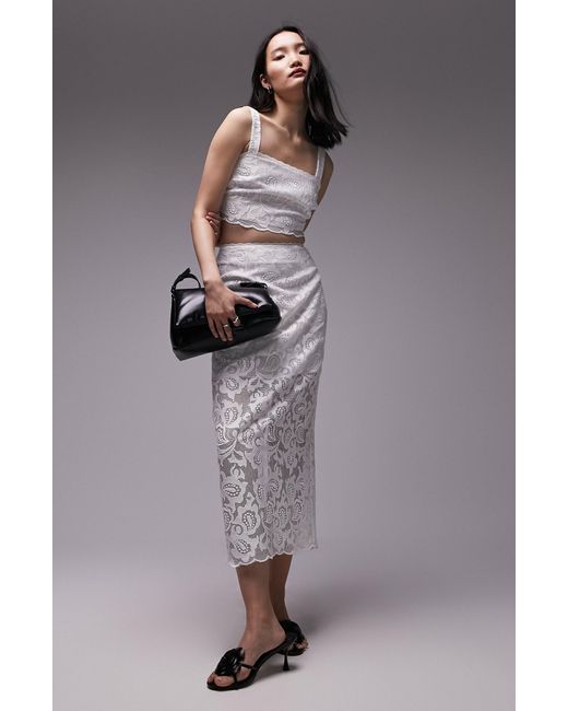 TOPSHOP Gray Premium Lace Detail Midi Skirt