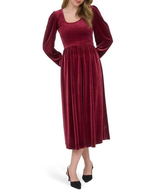 AUGUST SKY Red Long Sleeve Smocked Velvet Midi Dress