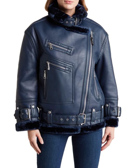 Rebecca Minkoff Blue Oversize Faux Leather Moto Jacket With Faux Shearling Lining