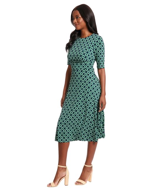 London Times Green Geo Print Elbow Sleeve Fit & Flare Dress