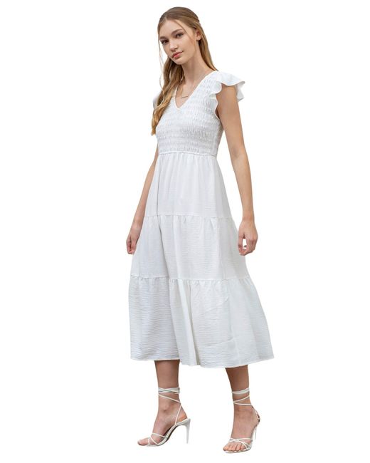 Blu Pepper White Flutter Sleeve Midi Dress
