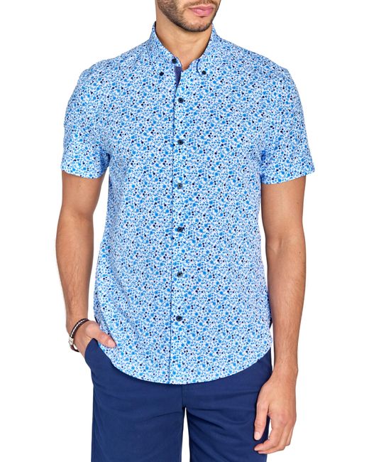 Con.struct Blue Slim Fit Floral Four-way Stretch Short Sleeve Button-down Shirt for men
