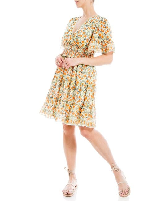 Max Studio Natural Georgette Ditsy Floral Print Tiered Dress