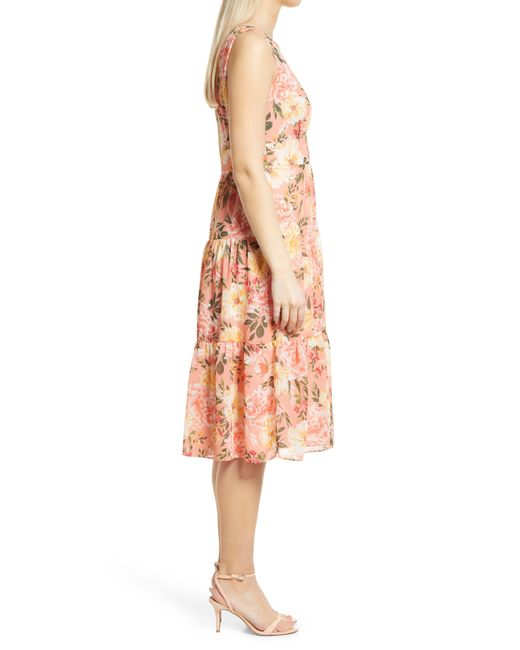 Vince Camuto Pink Floral Sleeveless Tiered Ruffle Midi Dress