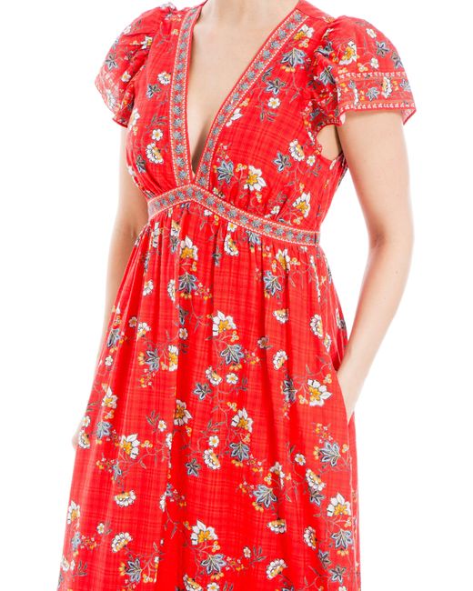Max Studio Red Floral Flutter Sleeve Maxi Dress