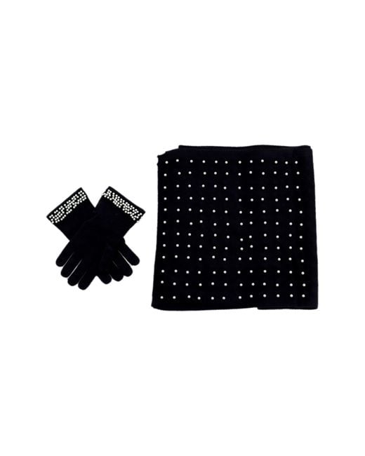 La Fiorentina Black Imitation Pearl Scarf & Gloves Set