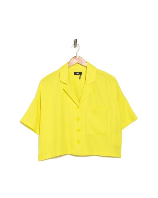 DKNY Blue Linen Blend Crop Button-up Camp Shirt