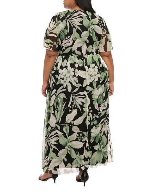 London Times Green Mesh Flutter Sleeve Maxi Dress