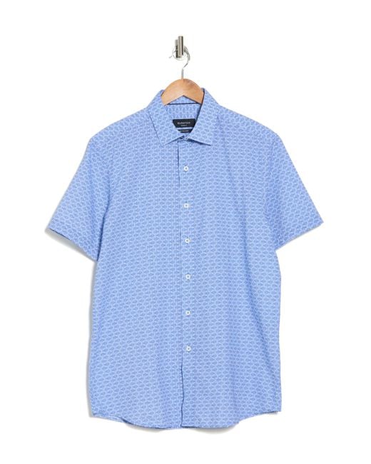 Bugatchi Blue Fish Print Short Sleeve Cotton Button-down Shirt for men