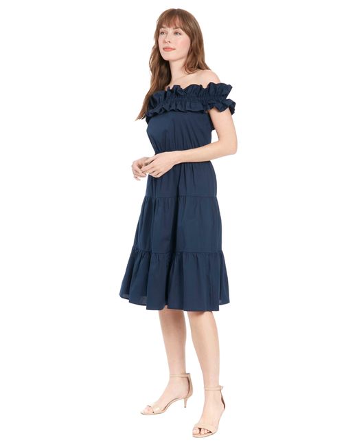 London Times Blue Ruffle Off The Shoulder Tiered Dress