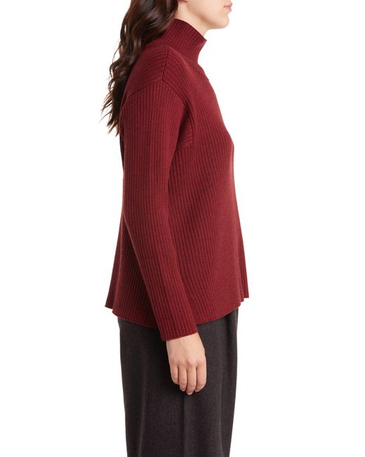 Eileen Fisher Mock Neck Wool Ribbed Sweater in Red | Lyst