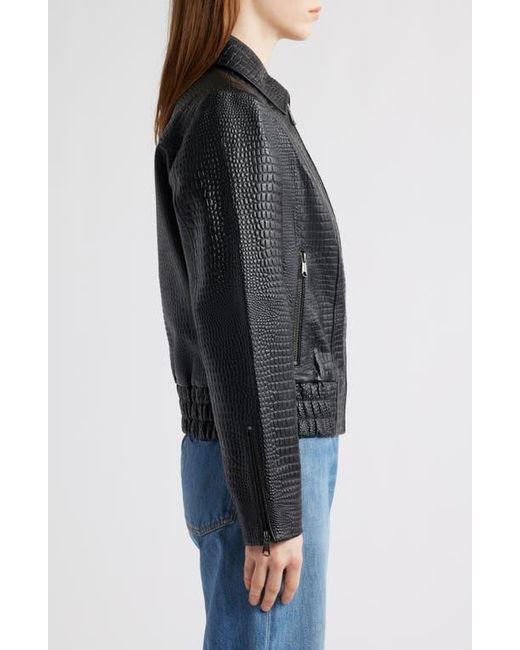 Bernardo Black Short Croc-Embossed Leather Jacket