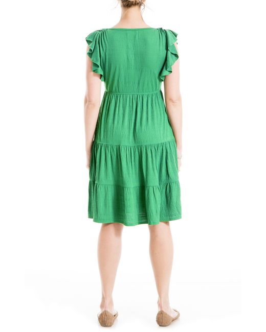 Max Studio Green Ruffle Cap Sleeve Tiered Jersey Babydoll Dress