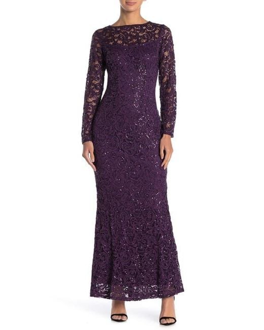 Marina Purple Sequin Lace Long Sleeve Gown