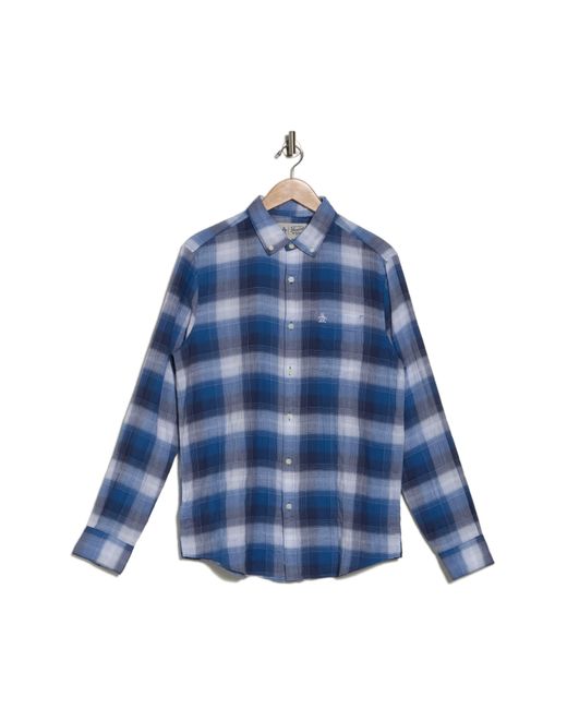 Original Penguin Blue Plaid Long Sleeve Crinkle Cotton Button-up Shirt for men