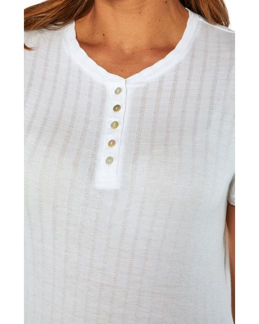 Three Dots White Textured Stripe Short Sleeve Henley T-shirt