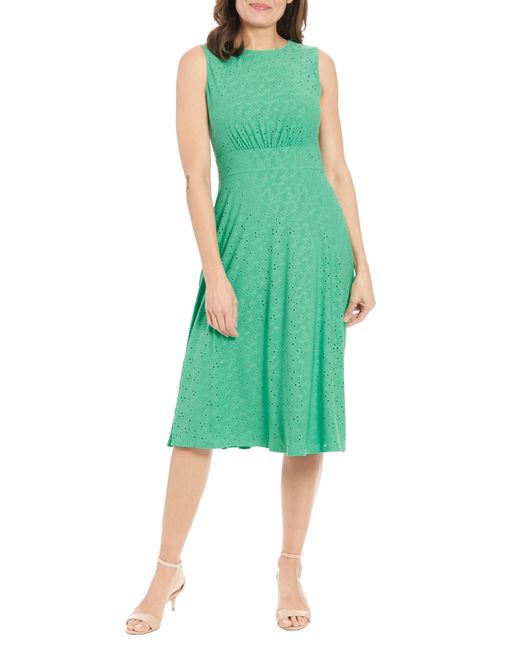 London Times Green Eyelet Jersey Sleeveless Midi Dress