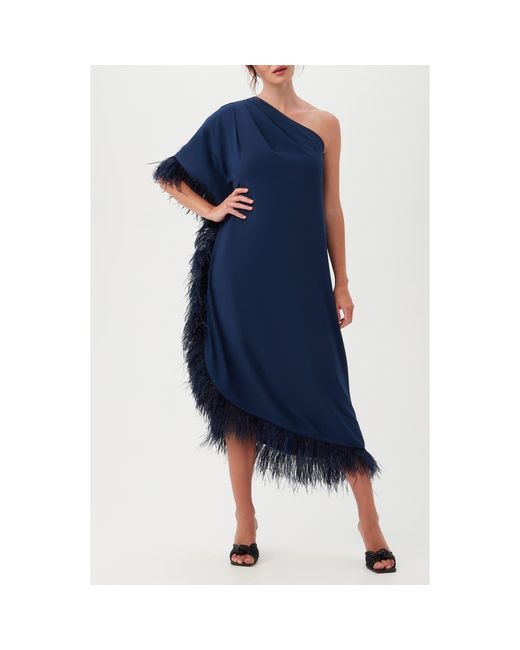 Trina Turk Blue Largo One-Shoulder Feather Trim Caftan Maxi Dress