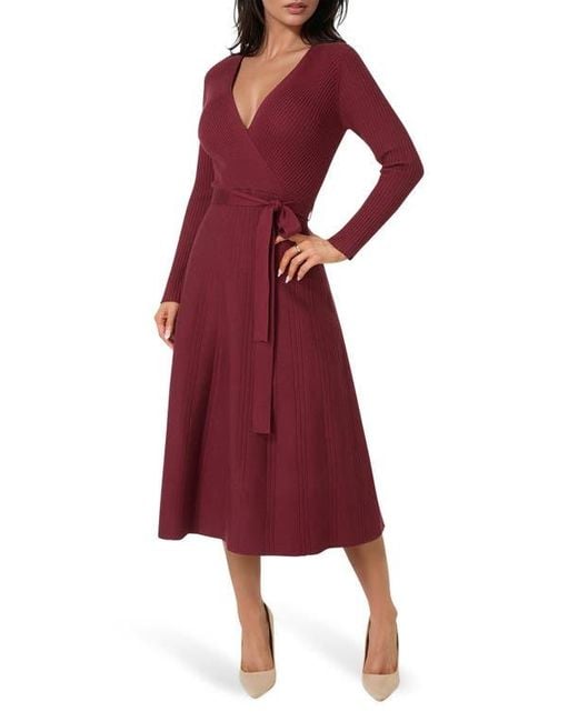 Bebe Red Surplice V-Neck Fit & Flare Sweater Dress