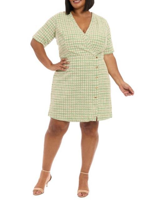 London Times Green Short Sleeve Bouclé Faux Wrap Dress