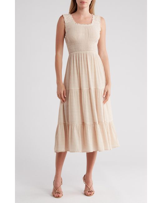 Rachel Parcell Natural Gingham Smocked Tiered Midi Dress