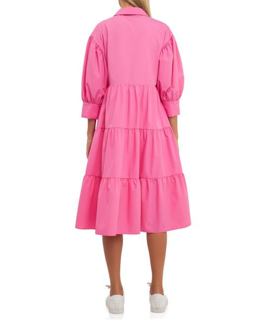 English Factory Pink Balloon Sleeve A-line Shirtdress