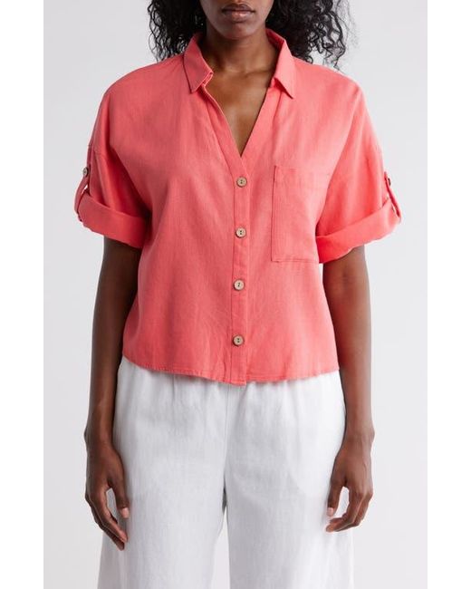 Ellen Tracy Pink Boxy Short Sleeve Crop Button-Up Shirt