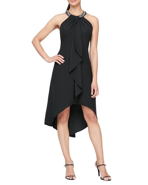 Sl Fashions Beaded Neck Satin Crepe Cocktail Dress In Blk At