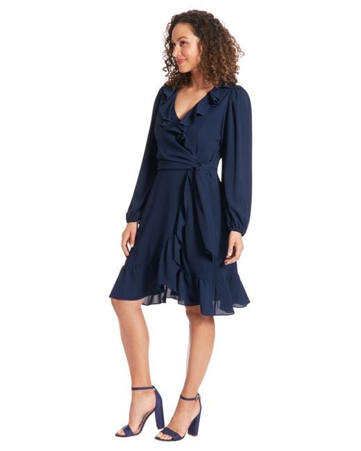 London Times Blue Catalina Long Sleeve Ruffle Wrap Dress