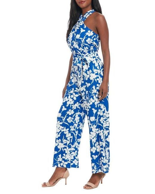 London Times Blue Floral Crossover Halter Neck Jumpsuit