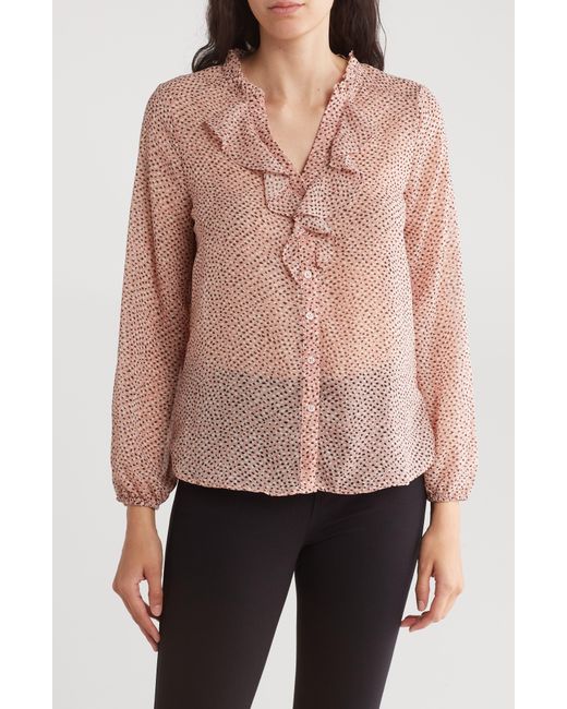 Pleione Pink Ruffle Long Sleeve Button Front Blouse