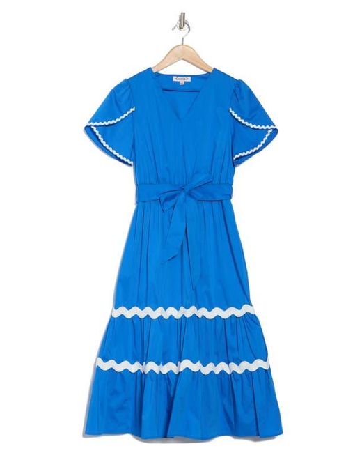 Nanette Lepore Blue Wavy Lace Trim Tie Waist Midi Dress