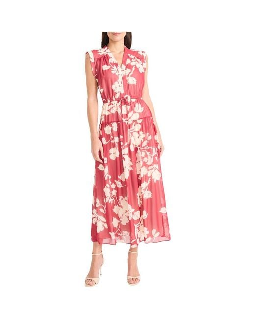 Maggy London Red Floral Sleeveless Chiffon Maxi Dress