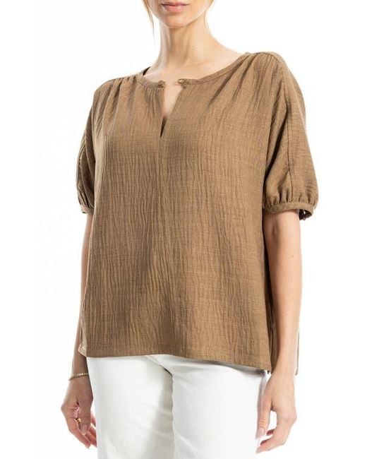 Max Studio Brown Short Sleeve Split Neck Blouse