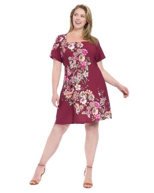 London Times Floral Short Sleeve Fit & Flare Dress in Red | Lyst