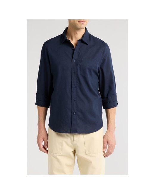14th & Union Blue Solid Linen Blend Button-Up Shirt for men