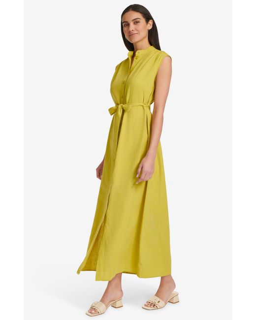 Calvin Klein Yellow Sleeveless Linen Blend Maxi Shirtdress