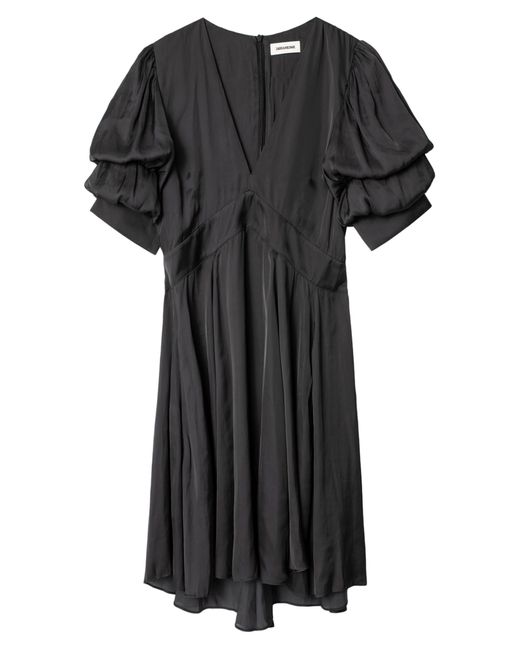 Zadig & Voltaire Royas Satin Puff Sleeve Dress In Noir At Nordstrom