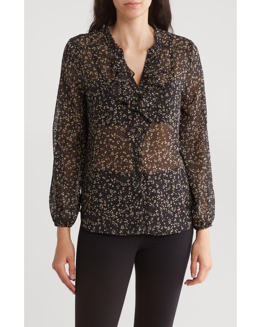 Pleione Black Ruffle Long Sleeve Button Front Blouse