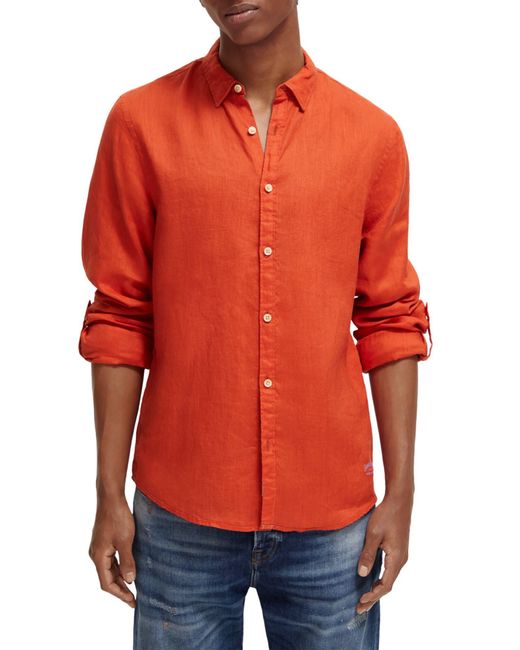 Scotch & Soda Orange Linen Roll Sleeve Button-down Shirt for men