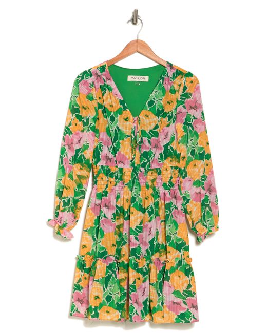 Taylor Dresses Yellow Floral Long Sleeve Smocked Fit & Flare Dress