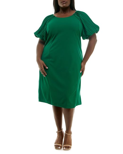 Nina Leonard Green Pleat Puff Sleeve Midi Dress