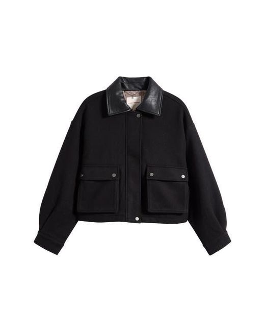 Lucky Brand Black Faux Leather Collar Crop Bomber Jacket