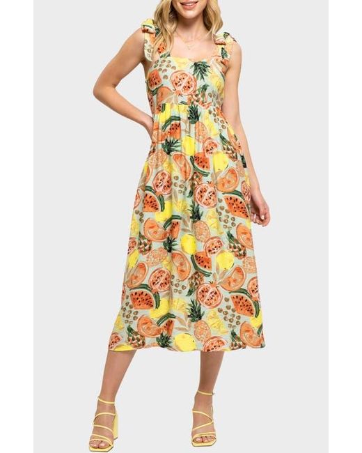 AUGUST SKY Yellow Fruit Print Tie Strap Midi Sundress