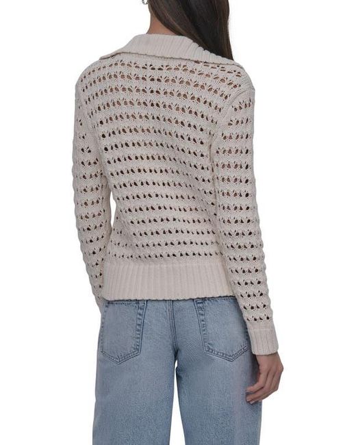DKNY Gray Johnny Collar Open Stitch Cotton Blend Sweater